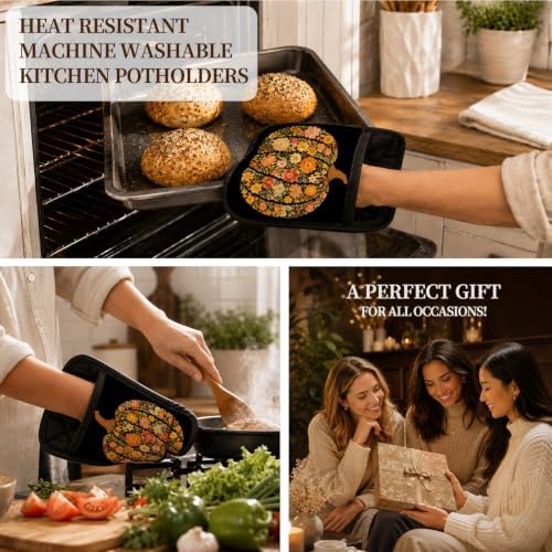 Boho Floral Pumpkin Fall Pot Holders for Kitchen 2 Pack Set