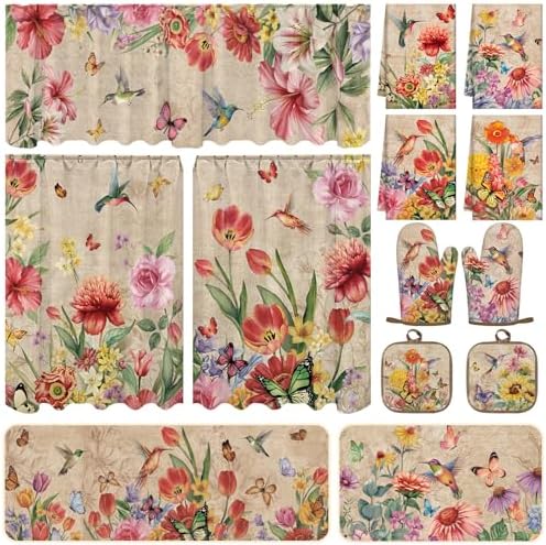 13 Pcs Wildflowers Grass Kitchen Decor Set 3 Hummingbird Kitchen Curtains Valance 2 Spring Rugs and Mats 4 Towels 2 Pot Holders 2 Oven Mitts for Home Cooking Grilling Housewarming Gift