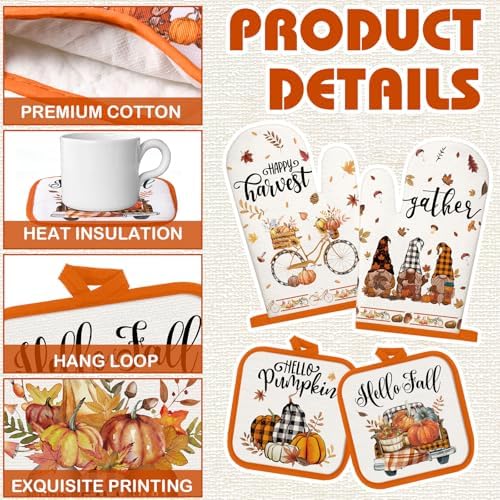 SiliFine 12 Pcs Fall Pumpkin Kitchen Towels Oven Mitts Pot Holders Set