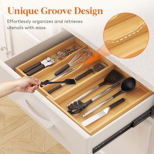 Lifewit Bamboo Utensil Organizer for Kitchen Drawer, Cooking Utensil Tray