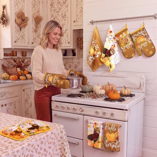13 Pcs Fall Cat Kitchen Decor Set, Pumpkin Kitchen Towel Non Slip Rugs Set