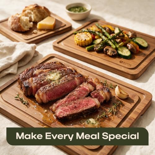 ROYAL CRAFT WOOD Wooden Cutting Boards for Kitchen Meal Prep & Serving - Bamboo Non Toxic Cutting Board Set with Deep Juice Groove Side Handles - Charcuterie & Chopping Butcher Block for Meat (3 Pcs)