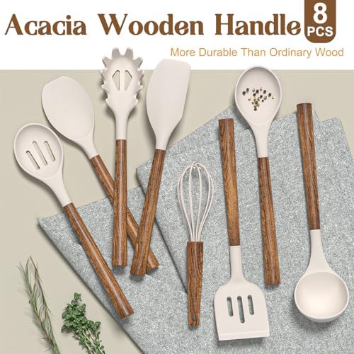 Silicone Cooking Utensil Set,Umite Chef 8-Piece Kitchen Utensils Set with Natural Acacia Wooden Handles, Silicone Kitchen Gadgets and Spatula Set for Nonstick Cookware - Khaki
