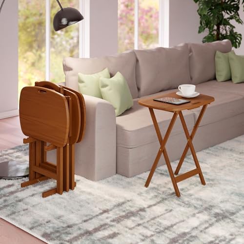 Winsome Lucca Set of 4 Foldable Snack Tables with Storage Rack, Teak