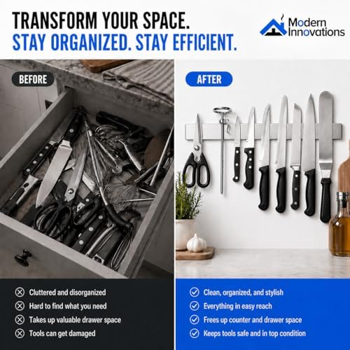 Modern Innovations 16 Inch Stainless Steel Magnetic Knife Bar with Multi-Purpose Functionality as a Knife Holder, Knife Strip, Magnetic Tool Organizer, Art Supply Organizer & Home Organizer