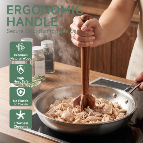 Natural Wooden Meat Chopper, 10.5 Inches Ground Beef Chopper