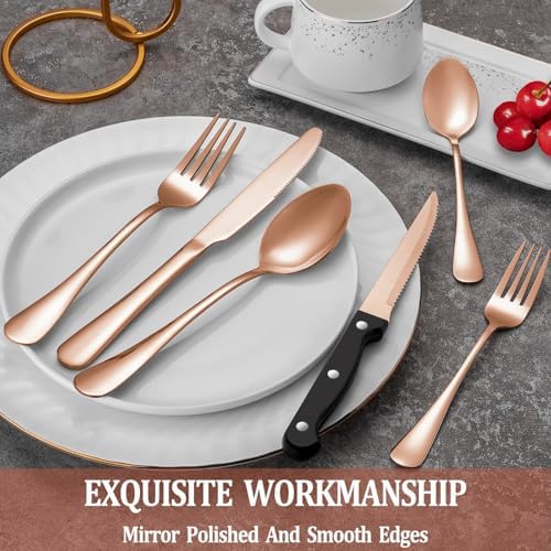 72 Pcs Rose Gold Silverware Set with Steak Knives, Stainless Steel Flatware Cutlery Set for 12, Kitchen Tableware Sets, Utensil Sets for Home and Restaurant, Dishwasher Safe