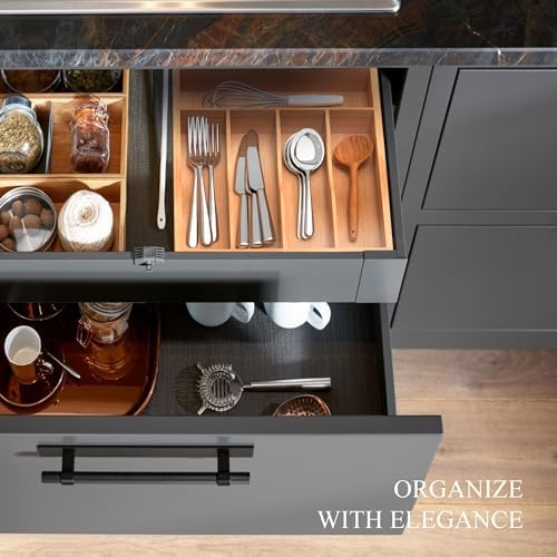 Silverware Organizer, Bamboo Kitchen Drawer Organizer, Utensil Holder, Cutlery Tray & Spoon Flatware Storage with Grooved Drawer Dividers (8.5''W x 13''D)