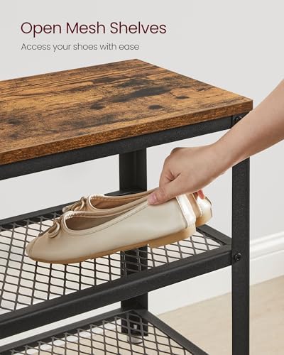 VASAGLE 3-Tier Shoe Rack, Storage Bench with Metal Mesh Shelves and Seat