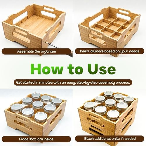 Mason Jar Organizer - Stackable Storage Holder Rack Caddy for 16oz Jars, Holds 12 Jars with Dividers, Kitchen Pantry Spice Canning Essentials for Countertop Shelves