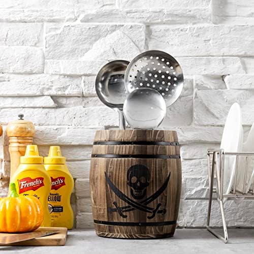 MyGift Pirate Rum Cask Utensil Crock, Rustic Burnt Wood Kitchen Holder