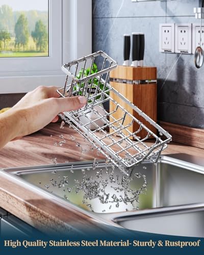 Consumest Sink Caddy, Kitchen Sponge Holder with Dish Brush Holder, Kitchen Sink Organizer with Drip Tray for Countertop Stainless Steel Rustproof, Silver-Large