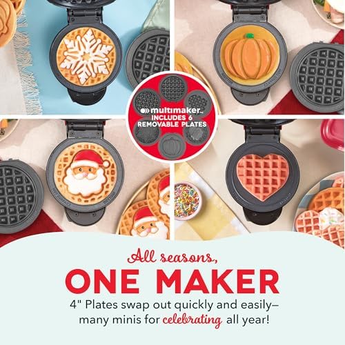 Dash Holiday MultiMaker Mini Waffle Maker, Removable Waffle Plates, Red