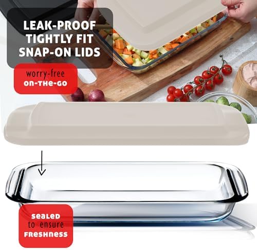 EATEX 8-Piece Deep Glass Casserole Dishes for Oven with Plastic lids, Rectangular Glass Baking Dish Set, Baking Pans for Lasagna, Leftovers, Cooking, Kitchen, Freezer-to-Oven and Dishwasher, Cream