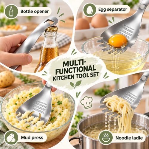 5-in-1 Stainless Steel Cooking Spoon, Multipurpose Stainless Steel Kitchen Spoon, Egg Yolk Separator, Potato Garlic Masher, Grater Plate, Bottle Opener & Slotted Spoon
