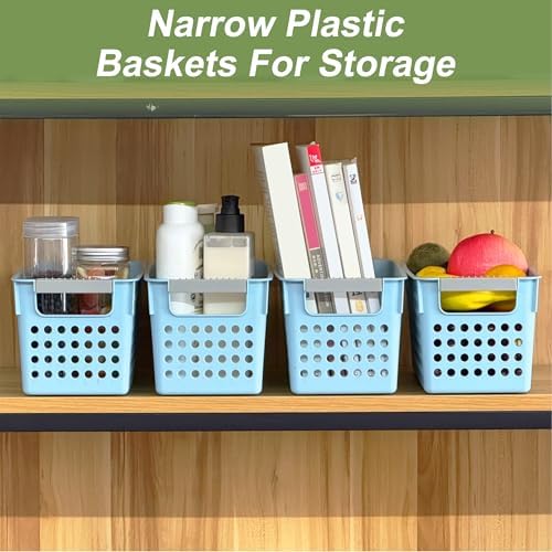Soddeph 4 Pack Slim Plastic Storage Basket with Handles, Rectangular Storage Bins for Shelves,Narrow Organizer box for Organizing, Kitchen,Home,Office (Blue, Small)