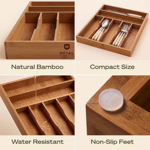 ROYAL CRAFT WOOD Luxury Bamboo Utensil Rack and Silverware Organizer, Kitchen Drawer Organizer - Utensil Holder and Cutlery Tray with Grooved Drawer Dividers for Flatware 7 Slot
