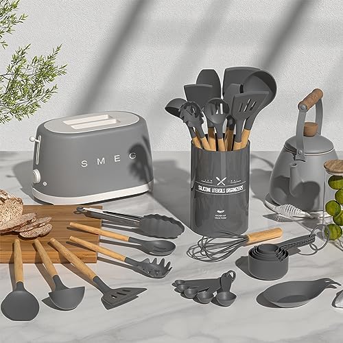 Umite Chef Kitchen Cooking Utensils Set, 33 pcs Non-stick Silicone Spatula Set with Holder, Woodle Handle Heat Resistant Gadgets Utensil (Gray)