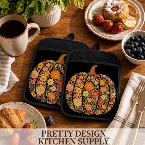 Boho Floral Pumpkin Fall Pot Holders for Kitchen 2 Pack Set