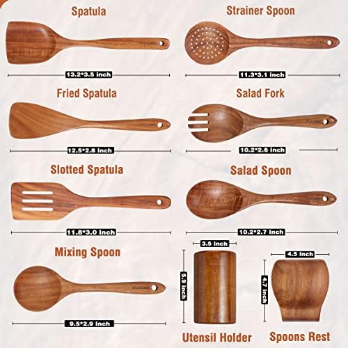 Mooues Wooden Kitchen Utensil Set, 9 Piece Natural Teak with Spoon Rest