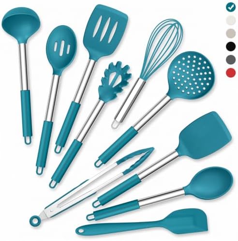 Onader 10 Pieces Silicone Kitchen Utensils Set, Cooking Utensils with Holder and Heat Resistant Stainless Steel Handle for Nonstick Cookware -Blue