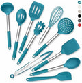 Onader 10 Pieces Silicone Kitchen Utensils Set, Cooking Utensils with Holder and Heat Resistant Stainless Steel Handle for Nonstick Cookware -Blue