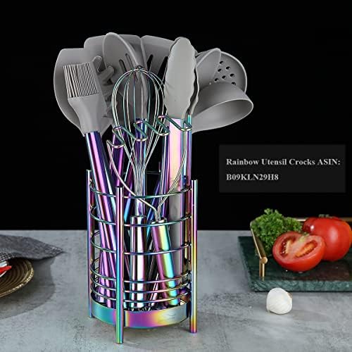 HOMQUEN 38 Piece Silicone Kitchen Cooking Utensils Set with Utensil Rack, Silicone Head and Stainless Steel Handle Cookware, Rainbow Handle with Silicone Head