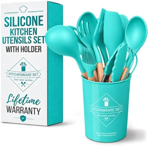 Teal Kitchen Utensils Set with Holder, 12 Pcs, Wooden Handle