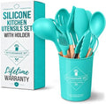 Teal Kitchen Utensils Set with Holder, 12 Pcs, Wooden Handle