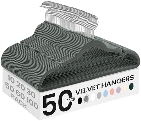 SONGMICS Velvet Hangers 50 Pack, Non-Slip Clothes Hangers with Shoulder Notches, Pants Bar, 360° Swivel Hook, Space-Saving, for Closet, Gray UCRF029G05