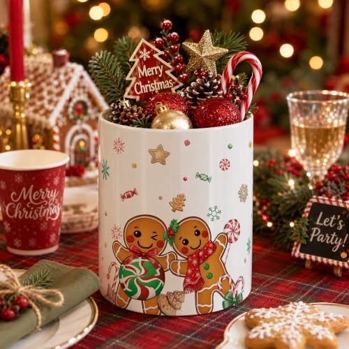 Christmas Gingerbread Man Ceramic Utensil Crock, Farmhouse Xmas Kitchen Utensil Holder, Countertop Storage Organizer, Christmas Decor Caddy for Spatulas, Baking Gadgets & Cooking Tools