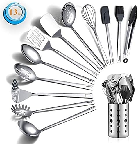 Stainless Steel Cooking Utensils Set, Berglander 13 Pieces Kitchen Utensils Set, Kitchen Tools Set With Utensil Holder Non-Stick And Heat Resistant,Dishwasher Safe, Easy to Clean (13 Packs)