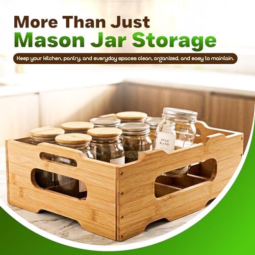 Mason Jar Organizer - Stackable Storage Holder Rack Caddy for 16oz Jars, Holds 12 Jars with Dividers, Kitchen Pantry Spice Canning Essentials for Countertop Shelves