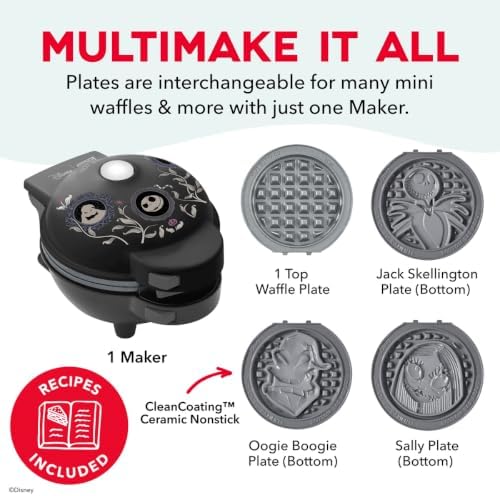 Disney | Dash Nightmare Before Christmas MultiMaker® Mini Waffle Maker with Removable Plates, Ceramic Nonstick Waffle Iron, Jack Skellington, Sally & Oogie Boogie, Indicator Light, Recipe Guide