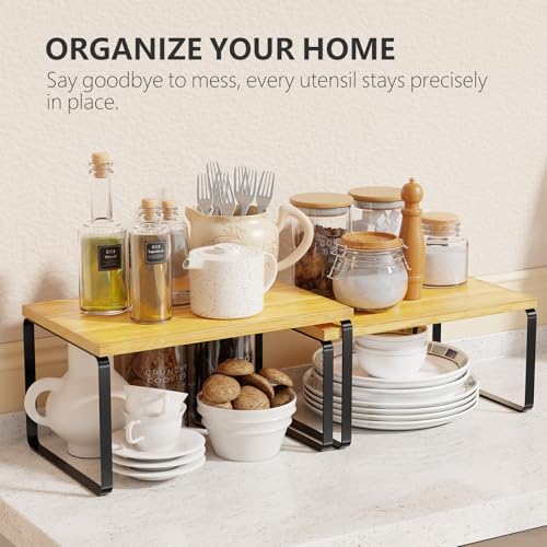 Simple Trending Bamboo Cabinet Organizer Shelf, Set of 2 Kitchen Counter Shelves, Stackable Expandable Spice Rack Kitchen Storage, Black and Natural Beige