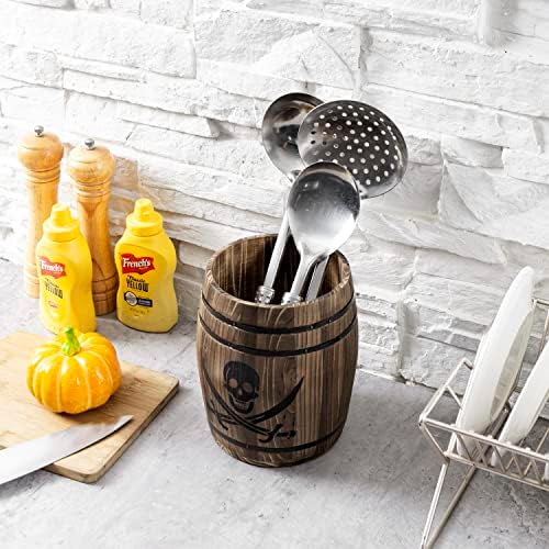 MyGift Pirate Rum Cask Utensil Crock, Rustic Burnt Wood Kitchen Holder