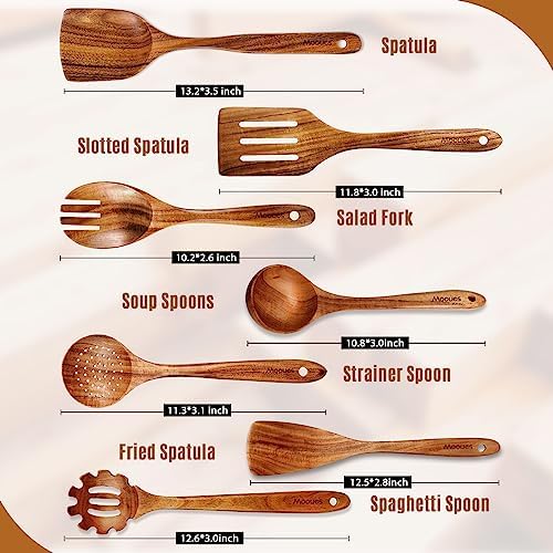Mooues Wooden Kitchen Utensil Set, 12 Piece Natural Teak with Spoon Rest