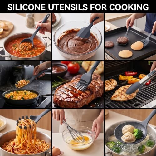 Silicone Cooking Utensils Set - 600°F Heat Resistant, Nonstick Kitchen Utensil Set with Spatulas, Spoons, Whisk, Tongs, BPA Free, Dishwasher Safe (Gray)