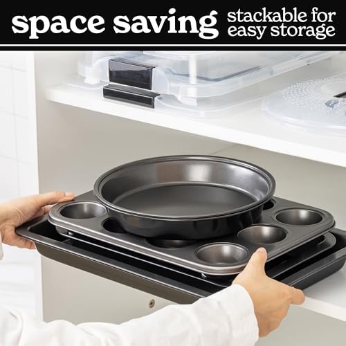 Country Kitchen Baking Pans Set - 10 Piece Non-Stick Cake Pans with Carry Lids for Easy Storage & Travel, Perfect for Parties - Stackable, Black