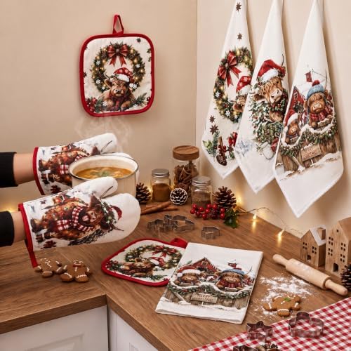 Fanfanwin 10 Pcs Christmas Highland Cow Kitchen Decor and Accessories Set Farmhouse Rustic Kitchen Towels Pot Holders Oven Mitts Rugs and Tape for Baking Cooking BBQ Housewarming Gifts
