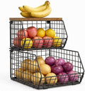 Potato and Onion Storage Bin with Wooden Top, 2-Tier Stackable Wire Basket