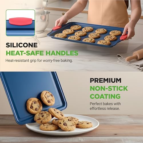 NutriChef 3-Piece Nonstick Cookie Sheets for Baking - Premium Carbon Steel Baking Trays w/ Non-Stick Smooth Coating & Silicone Handles - Large, Medium, & Small Bakeware - Blue