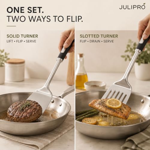 Stainless Steel Spatula Set, 2-Piece Solid & Slotted Metal Turner