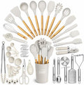 Kaluns 50 PCS Silicone Kitchen Utensils Set Complete Kitchen Set - 800°F Heat Resistant Non-Stick Premium Silicone Cooking Utensils W Wooden Handles - Can Opener, Masher, Turner, Silicone Spatula Set