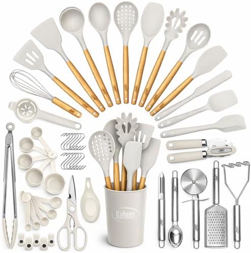 Kaluns 50 PCS Silicone Kitchen Utensils Set Complete Kitchen Set - 800°F Heat Resistant Non-Stick Premium Silicone Cooking Utensils W Wooden Handles - Can Opener, Masher, Turner, Silicone Spatula Set