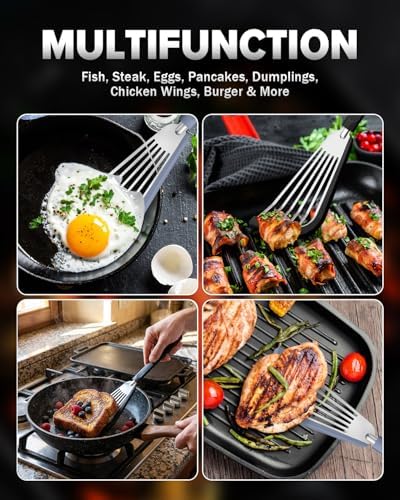 Fish Spatula Turner,Thin Slotted,Stainless Steel With Silicone Edge,2 Pack
