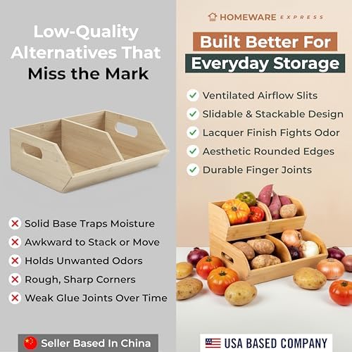 Potato and Onion Storage Bin, Stackable Bamboo Pantry Organizer and Storage
