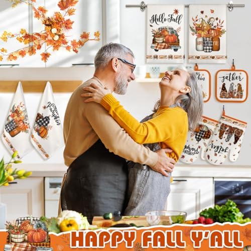 SiliFine 12 Pcs Fall Pumpkin Kitchen Towels Oven Mitts Pot Holders Set