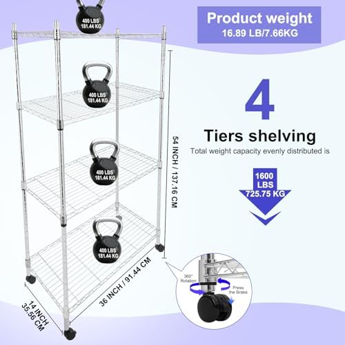 Whitmor 4 Tier Storage Shelves, Heavy Duty with Wheels, Adjustable Steel Organizer Wire Rack, 200 lbs Capacity per Shelf, Max 800 lbs Total for Garage, Kitchen, Plant, 36" L x 14" W x 54" H, Chrome
