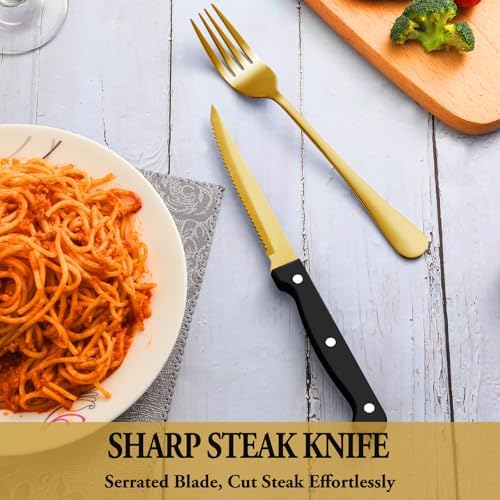 48 Pcs Gold Silverware Set with Steak Knives, Stainless Steel Flatware Cutlery Set for 8, Kitchen Tableware Sets, Utensil Sets for Home and Restaurant, Dishwasher Safe